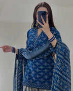 Zarqaa Blue Pret Farshi Shalwar Digital 3 Piece Dhaga Pret